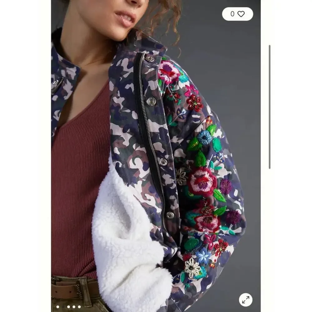 Vilagallo Anthropologie Embroidered Camo Sequin Jacket M